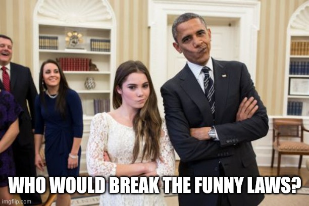 Maroney And Obama Not Impressed Meme | WHO WOULD BREAK THE FUNNY LAWS? | image tagged in memes,maroney and obama not impressed | made w/ Imgflip meme maker