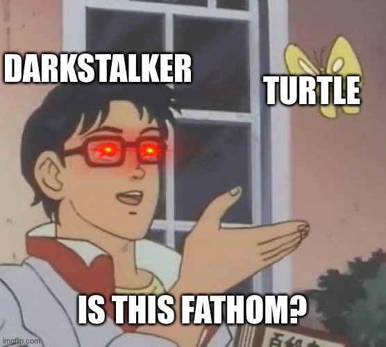 daily wof meme | DARKSTALKER; TURTLE; IS THIS FATHOM? | image tagged in memes,is this a pigeon | made w/ Imgflip meme maker