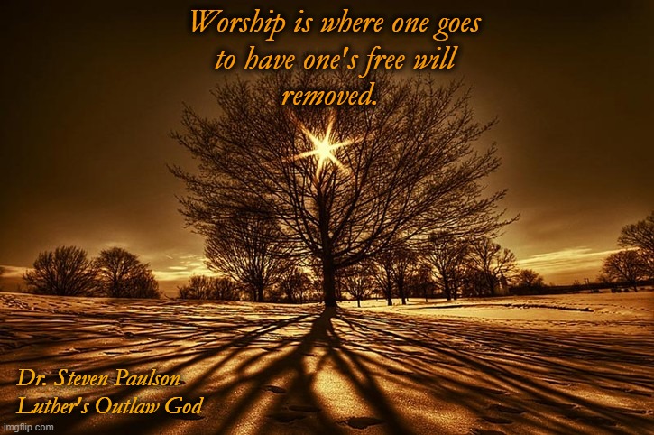 Worship is where one goes
to have one's free will
removed. Dr. Steven Paulson
Luther's Outlaw God | image tagged in christian | made w/ Imgflip meme maker