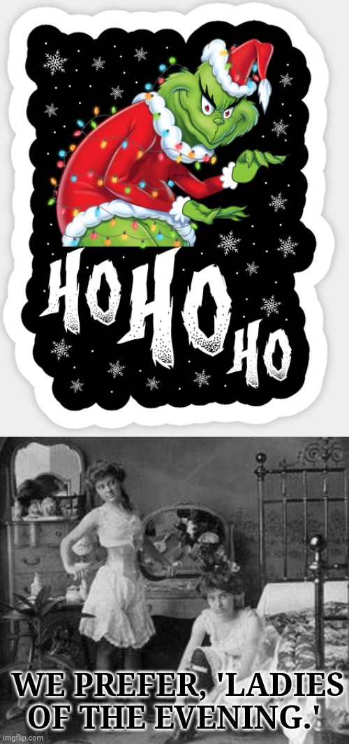 Merry Christmas to all | WE PREFER, 'LADIES OF THE EVENING.' | image tagged in grinch,prostitute,hohoho,but why why would you do that | made w/ Imgflip meme maker