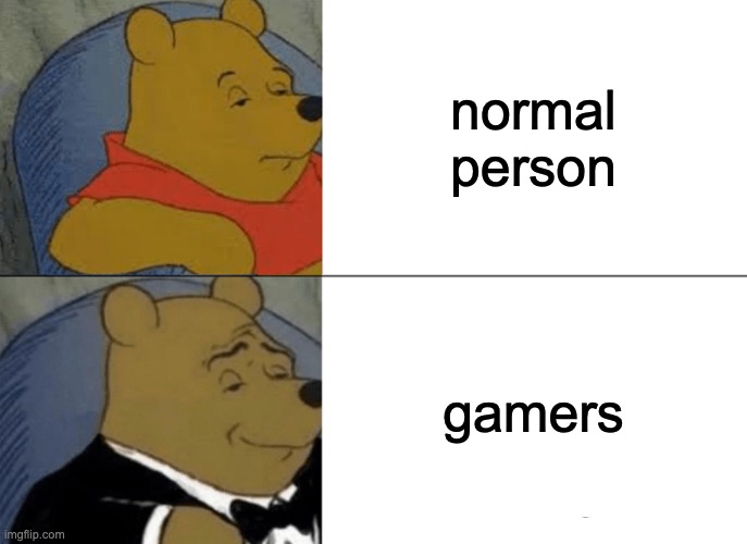 Tuxedo Winnie The Pooh | normal person; gamers | image tagged in memes,tuxedo winnie the pooh | made w/ Imgflip meme maker