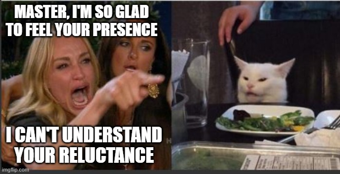 woman yelling at cat without white top | MASTER, I'M SO GLAD TO FEEL YOUR PRESENCE; I CAN'T UNDERSTAND YOUR RELUCTANCE | image tagged in woman yelling at cat without white top | made w/ Imgflip meme maker