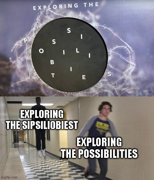 exploring the possibilities or is it exploring the  sipsiliobiest? | EXPLORING THE SIPSILIOBIEST; EXPLORING THE POSSIBILITIES | image tagged in fly black | made w/ Imgflip meme maker
