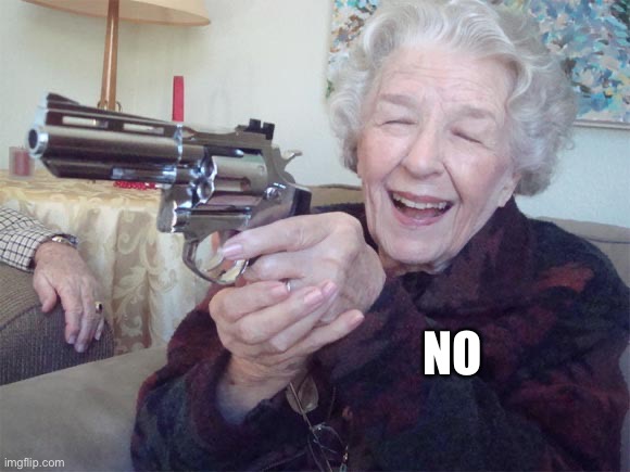 Old lady with gun | NO | image tagged in old lady with gun | made w/ Imgflip meme maker