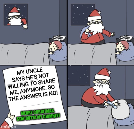 Letter to Murderous Santa | MY UNCLE SAYS HE'S NOT WILLING TO SHARE ME, ANYMORE. SO THE ANSWER IS NO! MERRY CHRISTMAS. STAY OUTTA MY CHIMNEY! | image tagged in letter to murderous santa | made w/ Imgflip meme maker