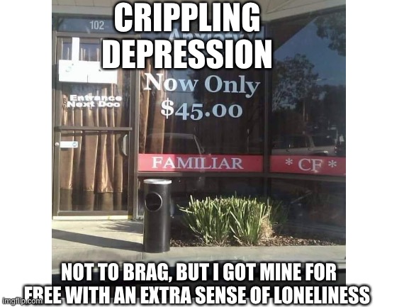 ?? | CRIPPLING DEPRESSION; NOT TO BRAG, BUT I GOT MINE FOR FREE WITH AN EXTRA SENSE OF LONELINESS | image tagged in school,funny,fresh memes | made w/ Imgflip meme maker