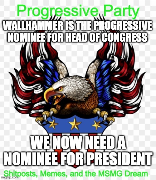 WALLHAMMER IS THE PROGRESSIVE NOMINEE FOR HEAD OF CONGRESS; WE NOW NEED A NOMINEE FOR PRESIDENT | image tagged in msmg government progressive logo | made w/ Imgflip meme maker