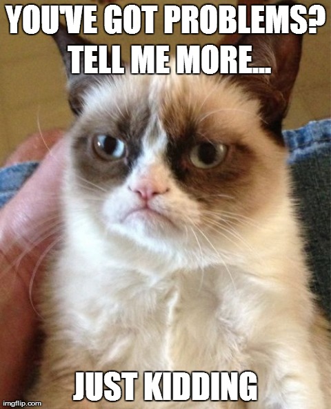 Grumpy Cat | YOU'VE GOT PROBLEMS? JUST KIDDING TELL ME MORE... | image tagged in memes,grumpy cat | made w/ Imgflip meme maker
