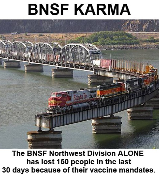 BNSF Karma | image tagged in karma's a bitch,instant karma,bnsf railway,mandates,vaccinations,covidiots | made w/ Imgflip meme maker