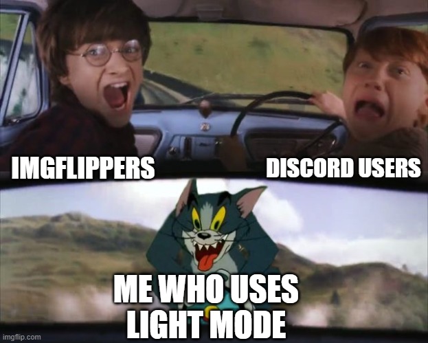 Tom chasing Harry and Ron Weasly | DISCORD USERS; IMGFLIPPERS; ME WHO USES LIGHT MODE | image tagged in tom chasing harry and ron weasly | made w/ Imgflip meme maker