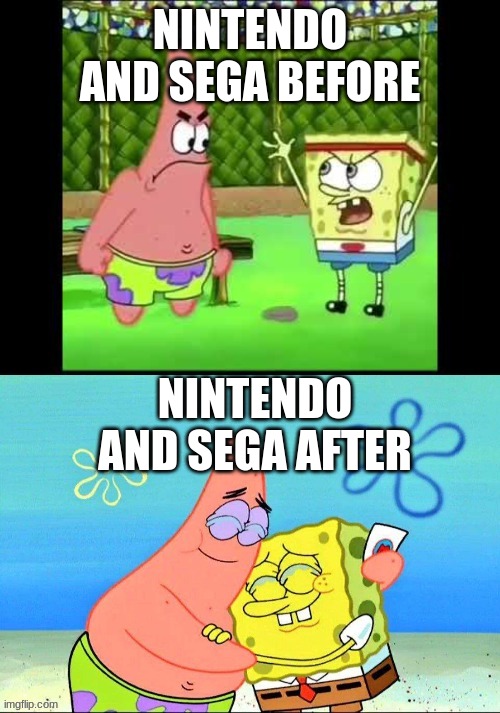 Merry Christmas! new template! | NINTENDO AND SEGA BEFORE; NINTENDO AND SEGA AFTER | image tagged in enemies before friends now | made w/ Imgflip meme maker