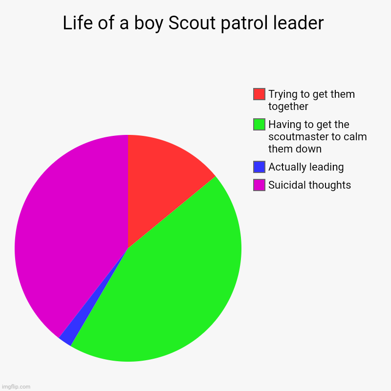E | Life of a boy Scout patrol leader | Suicidal thoughts, Actually leading, Having to get the scoutmaster to calm them down, Trying to get them | image tagged in charts,pie charts | made w/ Imgflip chart maker