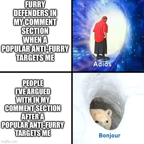 Everybody gangsta until a anti-furry community leader targets us | FURRY DEFENDERS IN MY COMMENT SECTION WHEN A POPULAR ANTI-FURRY TARGETS ME; PEOPLE I’VE ARGUED WITH IN MY COMMENT SECTION AFTER A POPULAR ANTI-FURRY TARGETS ME | image tagged in adios bonjour,furry memes,furry,anti furry,comment section,the furry fandom | made w/ Imgflip meme maker
