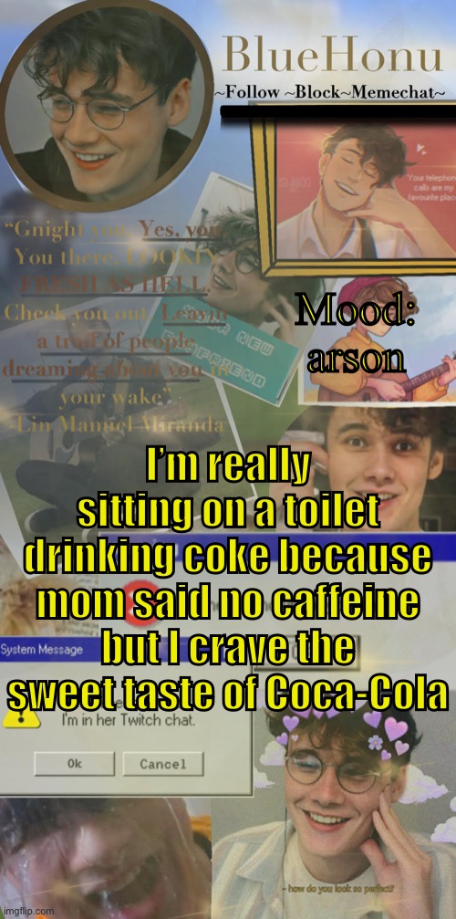 honu's  soft wilbur soot temp | Mood: arson; I’m really sitting on a toilet drinking coke because mom said no caffeine but I crave the sweet taste of Coca-Cola | image tagged in honu's soft wilbur soot temp | made w/ Imgflip meme maker