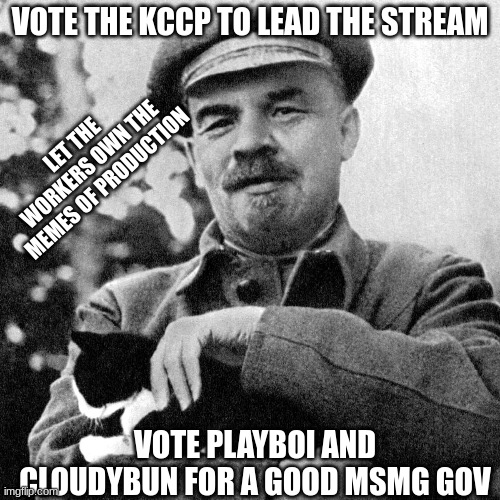 brought to you by the KCCP elections in 2 weeks | VOTE THE KCCP TO LEAD THE STREAM; LET THE WORKERS OWN THE MEMES OF PRODUCTION; VOTE PLAYBOI AND CLOUDYBUN FOR A GOOD MSMG GOV | made w/ Imgflip meme maker