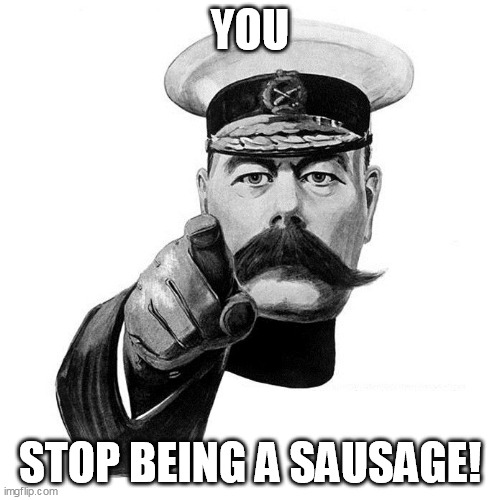 Stop Being a Sausage | YOU; STOP BEING A SAUSAGE! | image tagged in sausage,stop,you,good reply | made w/ Imgflip meme maker