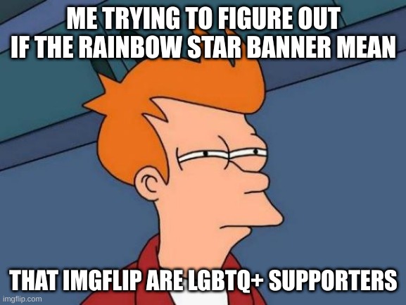 I only mean the developers. |  ME TRYING TO FIGURE OUT IF THE RAINBOW STAR BANNER MEAN; THAT IMGFLIP ARE LGBTQ+ SUPPORTERS | image tagged in memes,futurama fry | made w/ Imgflip meme maker