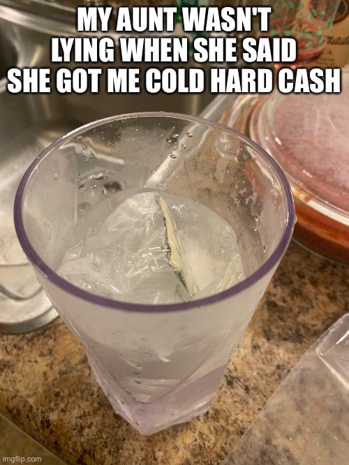 She actually put it in ice! | MY AUNT WASN'T LYING WHEN SHE SAID SHE GOT ME COLD HARD CASH | image tagged in cold,hard,cash | made w/ Imgflip meme maker