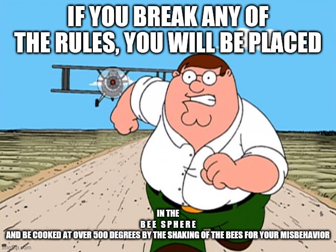 Peter Griffin running away | IF YOU BREAK ANY OF THE RULES, YOU WILL BE PLACED; IN THE
B E E   S P H E R E
AND BE COOKED AT OVER 500 DEGREES BY THE SHAKING OF THE BEES FOR YOUR MISBEHAVIOR | image tagged in peter griffin running away | made w/ Imgflip meme maker