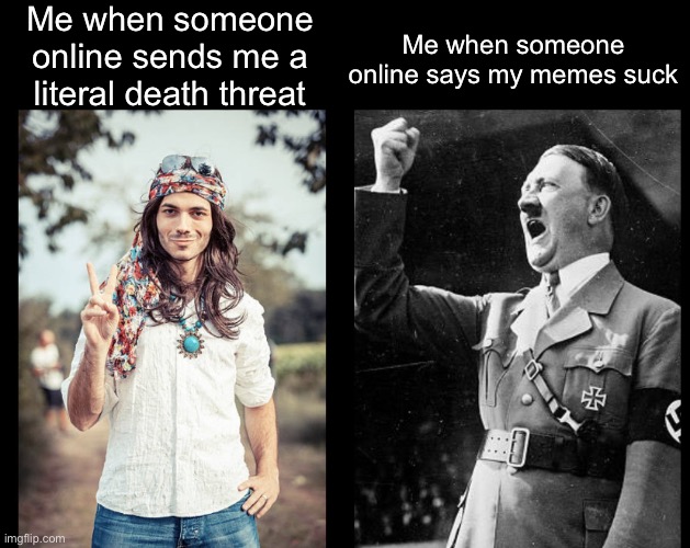 You never diss my memes | Me when someone online sends me a literal death threat; Me when someone online says my memes suck | image tagged in hippie hitler | made w/ Imgflip meme maker