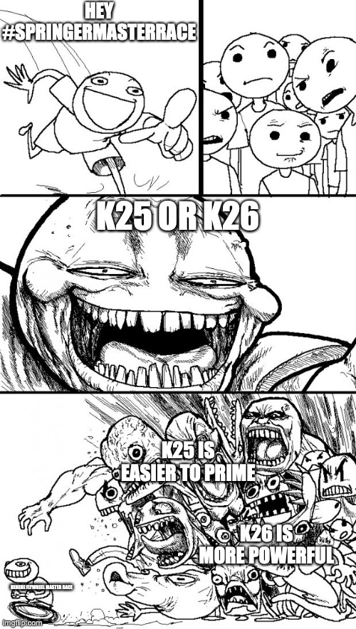 Nerfers get this | HEY #SPRINGERMASTERRACE; K25 OR K26; K25 IS EASIER TO PRIME; K26 IS MORE POWERFUL; HEHEHE FLYWHEEL MASTER RACE | image tagged in memes,hey internet | made w/ Imgflip meme maker