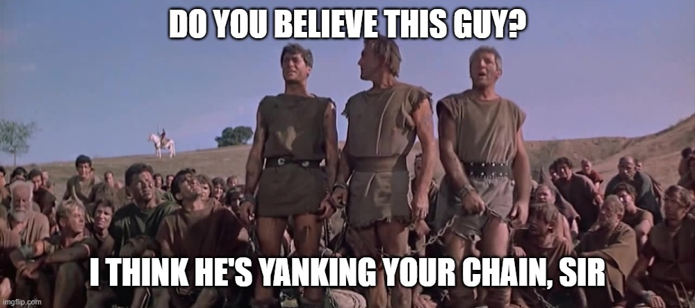 Were All Spartacus  | DO YOU BELIEVE THIS GUY? I THINK HE'S YANKING YOUR CHAIN, SIR | image tagged in were all spartacus | made w/ Imgflip meme maker