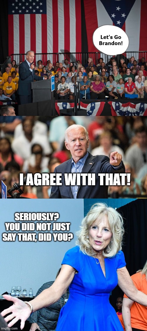 This Really Happened! | I AGREE WITH THAT! SERIOUSLY?  YOU DID NOT JUST SAY THAT, DID YOU? | image tagged in biden,jill biden,speech,gaffe,brandon,wtf | made w/ Imgflip meme maker