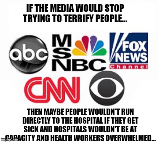 Media Terrors | IF THE MEDIA WOULD STOP TRYING TO TERRIFY PEOPLE... THEN MAYBE PEOPLE WOULDN'T RUN DIRECTLY TO THE HOSPITAL IF THEY GET SICK AND HOSPITALS WOULDN'T BE AT CAPACITY AND HEALTH WORKERS OVERWHELMED... | image tagged in media lies,social media,biased media,media | made w/ Imgflip meme maker