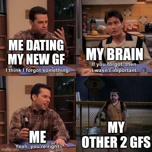 I think I forgot something | MY BRAIN; ME DATING MY NEW GF; MY OTHER 2 GFS; ME | image tagged in i think i forgot something | made w/ Imgflip meme maker