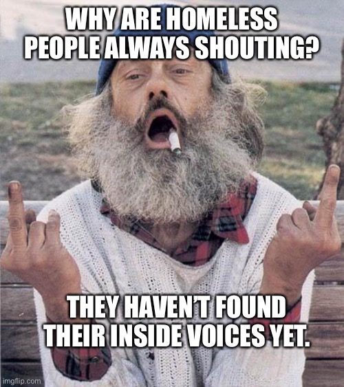 homeless flip off | WHY ARE HOMELESS PEOPLE ALWAYS SHOUTING? THEY HAVEN’T FOUND THEIR INSIDE VOICES YET. | image tagged in homeless flip off,homeless | made w/ Imgflip meme maker