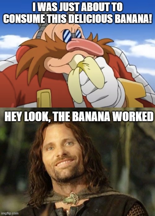 I WAS JUST ABOUT TO CONSUME THIS DELICIOUS BANANA! HEY LOOK, THE BANANA WORKED | image tagged in i was just about to consume this delicious banana,i was about to make another lotr joke | made w/ Imgflip meme maker