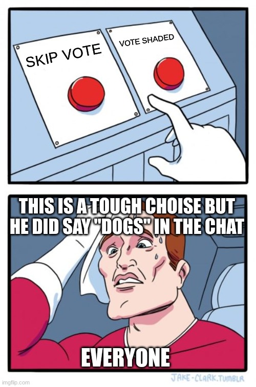 me in among us | VOTE SHADED; SKIP VOTE; THIS IS A TOUGH CHOISE BUT HE DID SAY ''DOGS'' IN THE CHAT; EVERYONE | image tagged in memes,two buttons | made w/ Imgflip meme maker