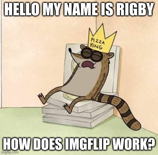 Regular Show Rigby Pizza King | HELLO MY NAME IS RIGBY; HOW DOES IMGFLIP WORK? | image tagged in regular show rigby pizza king | made w/ Imgflip meme maker