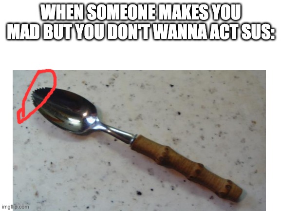 That's a grapefruit spoon btw | WHEN SOMEONE MAKES YOU MAD BUT YOU DON'T WANNA ACT SUS: | image tagged in funny,blank white template,memes,sus | made w/ Imgflip meme maker