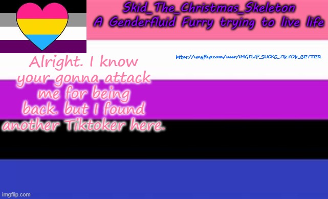 I know your gonna hate me.. but... there's this guy.. | Alright. I know your gonna attack me for being back. but I found another Tiktoker here. https://imgflip.com/user/IMGFLIP_SUCKS_TIKTOK_BETTER | image tagged in skid's lgbtq temp | made w/ Imgflip meme maker