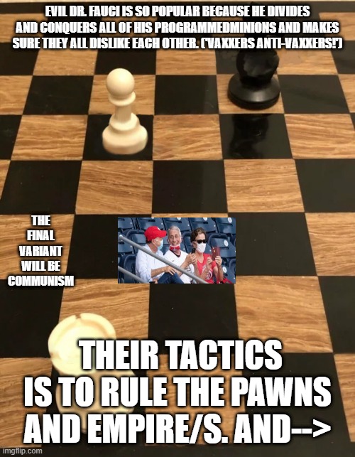 Chess meme | EVIL DR. FAUCI IS SO POPULAR BECAUSE HE DIVIDES AND CONQUERS ALL OF HIS PROGRAMMEDMINIONS AND MAKES SURE THEY ALL DISLIKE EACH OTHER. ('VAXXERS ANTI-VAXXERS!'); THE FINAL VARIANT WILL BE COMMUNISM; THEIR TACTICS IS TO RULE THE PAWNS AND EMPIRE/S. AND--> | image tagged in chess meme | made w/ Imgflip meme maker