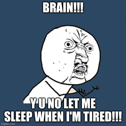 meme of the day/night | BRAIN!!! Y U NO LET ME SLEEP WHEN I'M TIRED!!! | image tagged in memes,y u no,relatable | made w/ Imgflip meme maker