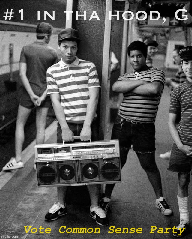 [Common Sense Party street thugs; New York City subway, 1983 uncolorized] | #1 in tha hood, G; Vote Common Sense Party | image tagged in boombox boys grayscale,common,sense,party,street,thugs | made w/ Imgflip meme maker