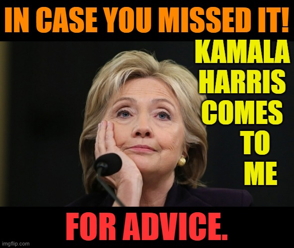 So That's Why 60% Of Voters Dislike Her | IN CASE YOU MISSED IT! KAMALA HARRIS COMES      TO        ME; FOR ADVICE. | image tagged in memes,politics,kamala harris,advice,hillary clinton,voter dislike | made w/ Imgflip meme maker