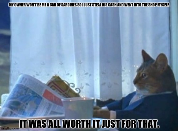 I Should Buy A Boat Cat Meme | MY OWNER WON'T BE ME A CAN OF SARDINES SO I JUST STEAL HIS CASH AND WENT INTO THE SHOP MYSELF. IT WAS ALL WORTH IT JUST FOR THAT. | image tagged in memes,kitty,cash | made w/ Imgflip meme maker