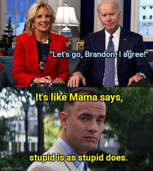 Gump on Biden | "Let's go, Brandon. I agree!"; It's like Mama says, stupid is as stupid does. | image tagged in forrest gump,joe biden,lets go brandon,stupidity | made w/ Imgflip meme maker