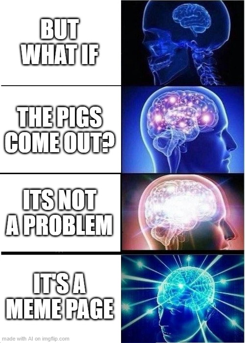 Expanding Brain Meme | BUT WHAT IF; THE PIGS COME OUT? ITS NOT A PROBLEM; IT'S A MEME PAGE | image tagged in memes,expanding brain | made w/ Imgflip meme maker