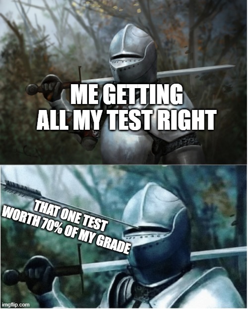 Knight with arrow in helmet | ME GETTING ALL MY TEST RIGHT; THAT ONE TEST WORTH 70% OF MY GRADE | image tagged in knight with arrow in helmet | made w/ Imgflip meme maker