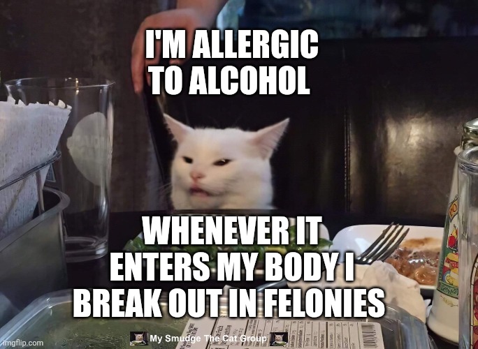 I'M ALLERGIC TO ALCOHOL; WHENEVER IT ENTERS MY BODY I BREAK OUT IN FELONIES | image tagged in smudge the cat | made w/ Imgflip meme maker