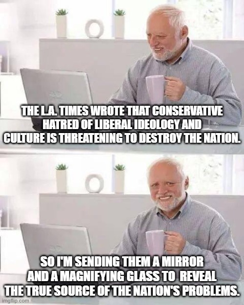The liberal controlled L.A. Times is projecting again. | THE L.A. TIMES WROTE THAT CONSERVATIVE HATRED OF LIBERAL IDEOLOGY AND CULTURE IS THREATENING TO DESTROY THE NATION. SO I'M SENDING THEM A MIRROR AND A MAGNIFYING GLASS TO  REVEAL THE TRUE SOURCE OF THE NATION'S PROBLEMS. | image tagged in memes,hide the pain harold | made w/ Imgflip meme maker