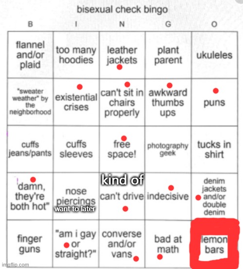 Bisexual Bingo | kind of; want to later | image tagged in bisexual bingo | made w/ Imgflip meme maker
