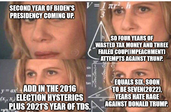 Shows how pathetic how people are when the math is done. | SECOND YEAR OF BIDEN'S PRESIDENCY COMING UP. SO FOUR YEARS OF WASTED TAX MONEY AND THREE FAILED COUP(IMPEACHMENT) ATTEMPTS AGAINST TRUNP. EQUALS SIX, SOON TO BE SEVEN(2022), YEARS HATE RAGE AGAINST DONALD TRUMP. ADD IN THE 2016 ELECTION HYSTERICS PLUS 2021'S YEAR OF TDS. | image tagged in math lady/confused lady,tds,political meme,political humor | made w/ Imgflip meme maker