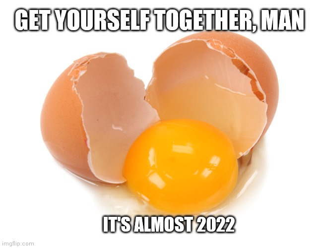 Happy New Year? |  GET YOURSELF TOGETHER, MAN; IT'S ALMOST 2022 | image tagged in broken egg,back to the future,reality can be whatever i want | made w/ Imgflip meme maker