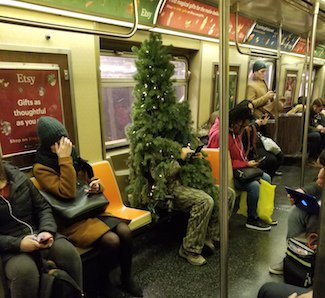 Man in Christmas Tree Costume on Subway Blank Meme Template