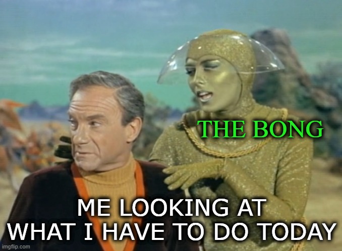 Lost and Spaced |  THE BONG; ME LOOKING AT WHAT I HAVE TO DO TODAY | image tagged in lost in space,bong | made w/ Imgflip meme maker